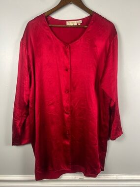 Vintage Victoria Secret Gold Label 100% Silk Red Night Dress Long Sleeve medium
